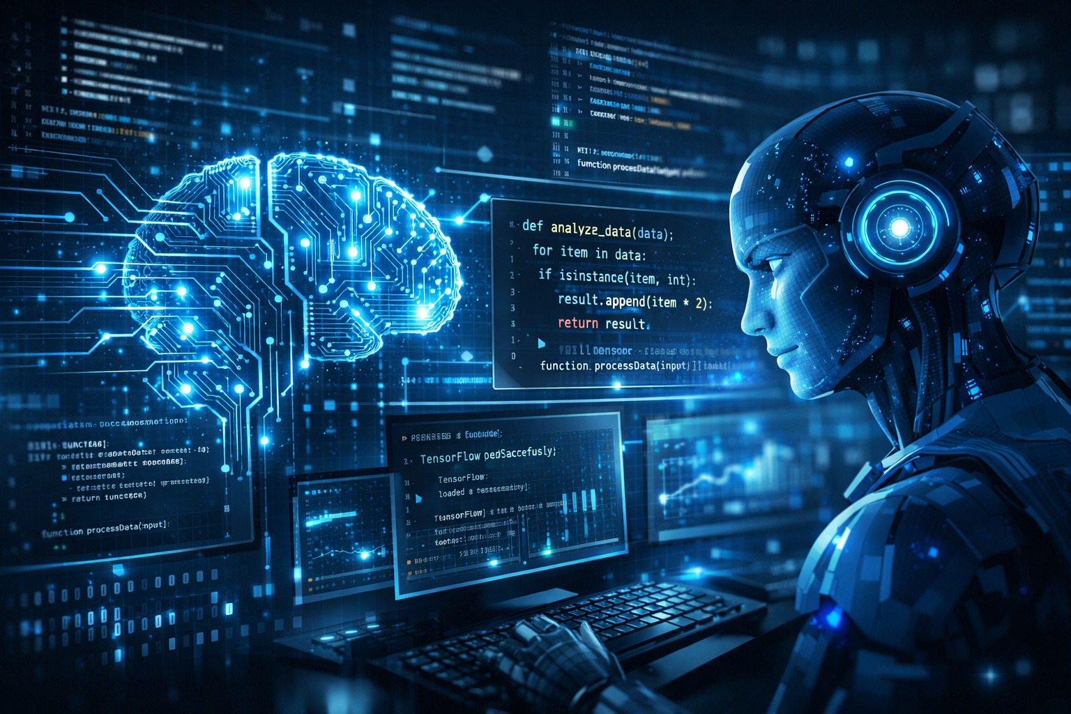 دماغ اصطناعي مجرد مع أسطر كود ودوائر