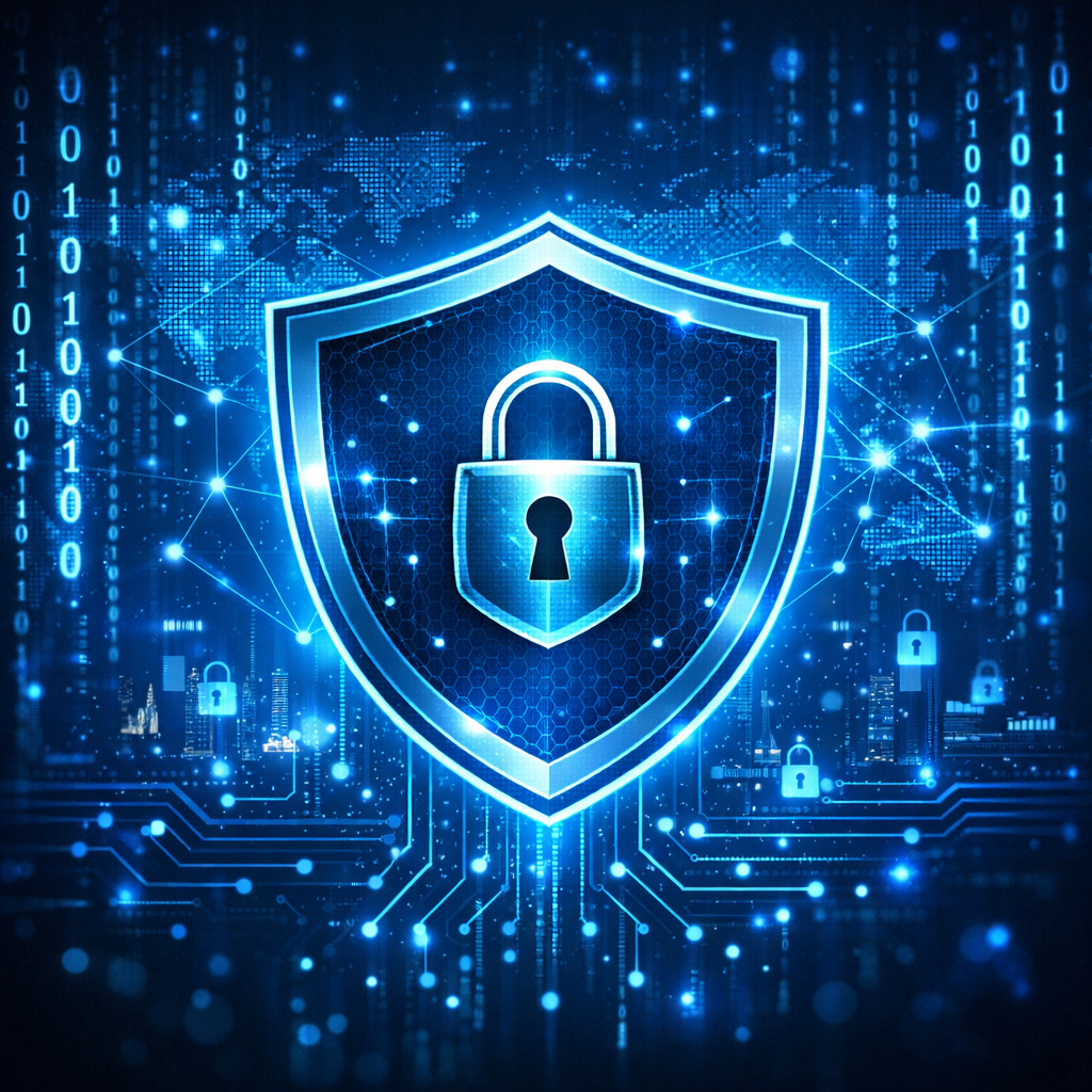 درع رقمي وكود يرمز لأمن الذكاء الاصطناعي