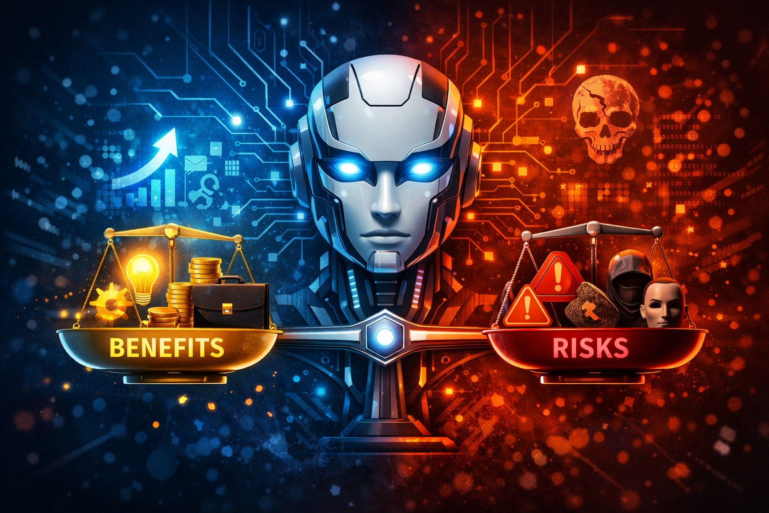 ميزان يرمز إلى الجوانب الإيجابية والسلبية للذكاء الاصطناعي